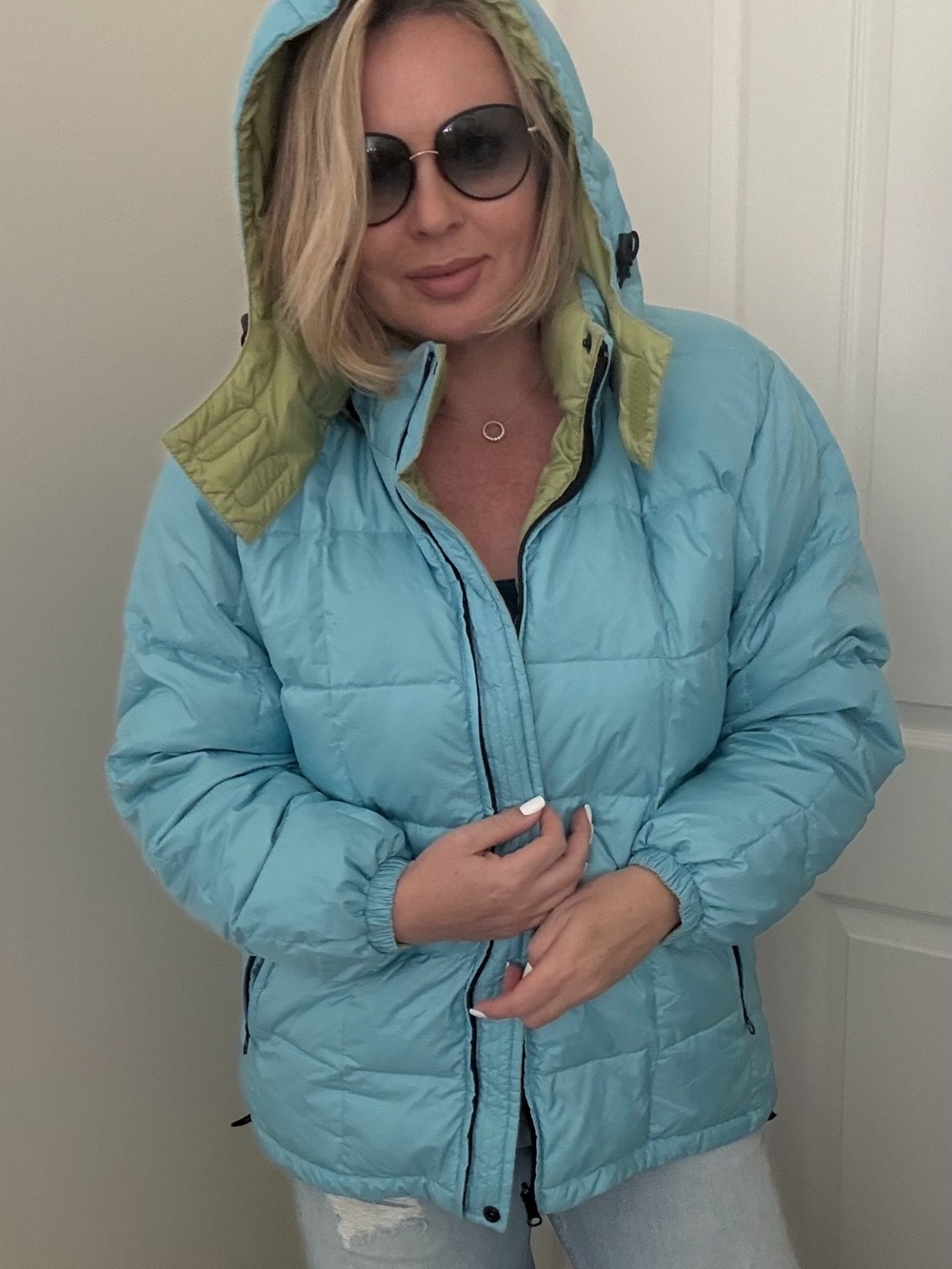 Lands’ End Women’s Reversible Puffer Jacket Size M Light Blue Green Hooded